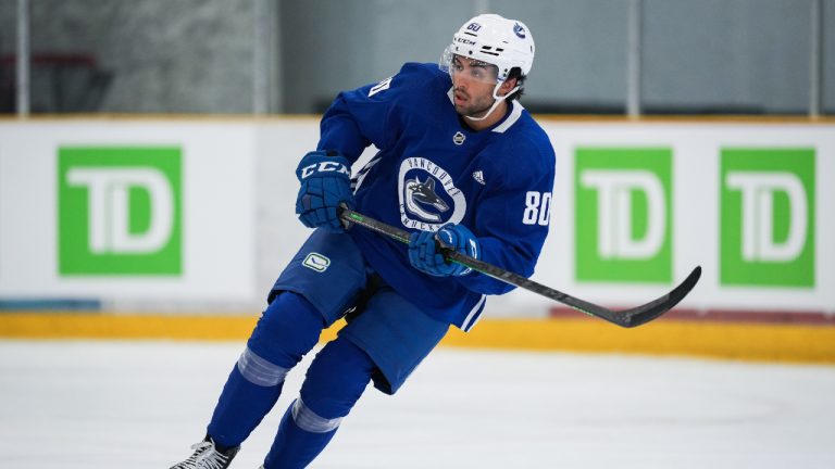 Vancouver Canucks forward Arshdeep Bains skates during the NHL hockey team's training camp in Whistler, B.C., Thursday, Sept. 22, 2022. (Darryl Dyck/CP)