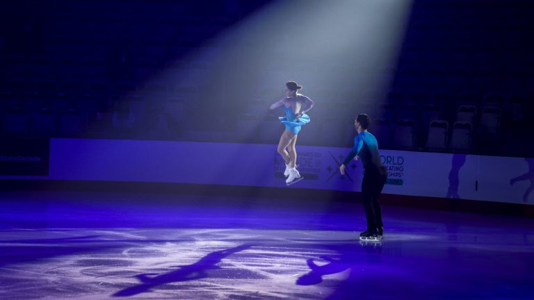 Pairs winners Deanna Stellato-Dudek and Maxime Deschamps, of Quebec, perform during the closing gala at the Canadian figure skating championships in Calgary, Sunday, Jan. 14, 2024. Stellato-Dudek and Deschamps held on the to their lead from the short program to win the gold medal at the Four Continents Figure Skating Championships. (Jeff McIntosh/CP)