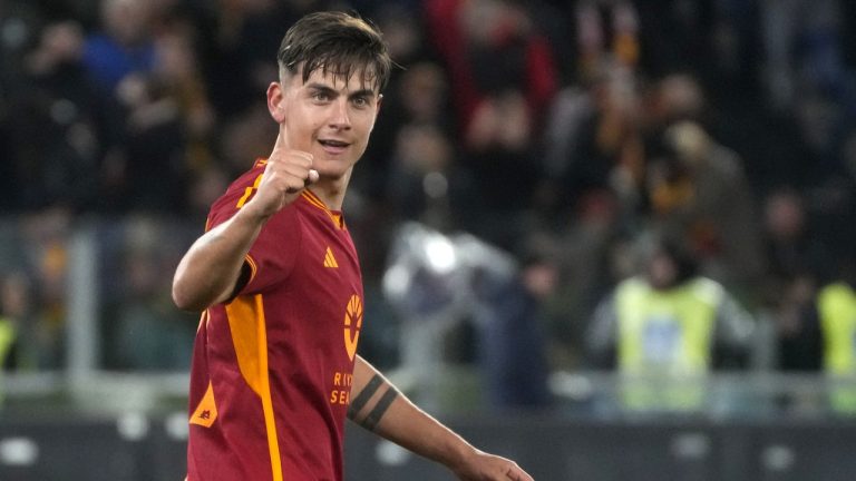 Roma's Paulo Dybala celebrates after scoring his side's third goal during the Italian Series A soccer match between Roma and Torino at Rome's Olympic stadium, Italy, Monday, Feb. 26, 2024. (Gregorio Borgia/AP)