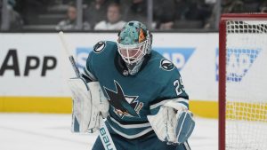 San Jose Sharks goaltender Mackenzie Blackwood against the New York Rangers during the second period of an NHL hockey game, Tuesday, Jan. 23, 2024, in San Jose, Calif. (Godofredo A. Vásquez/AP)