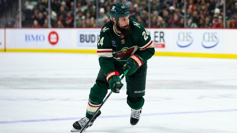 Minnesota Wild defenceman Zach Bogosian (24) skates with the puck during the second period of an NHL hockey game against the Dallas Stars Monday, Jan. 08, 2024, in St. Paul, Minn. (Matt Krohn/AP)