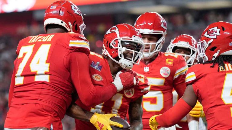 Kansas City Chiefs wide receiver Marquez Valdes-Scantling (11) celebrates his touchdown with teammates against the San Francisco 49ers during the second half of the NFL Super Bowl 58. (Ashley Landis/AP)