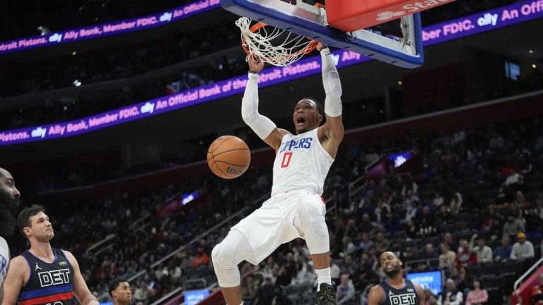 Los Angeles Clippers guard Russell Westbrook (0) dunks against the Detroit Pistons in the second half of an NBA basketball game. (Paul Sancya/AP)
