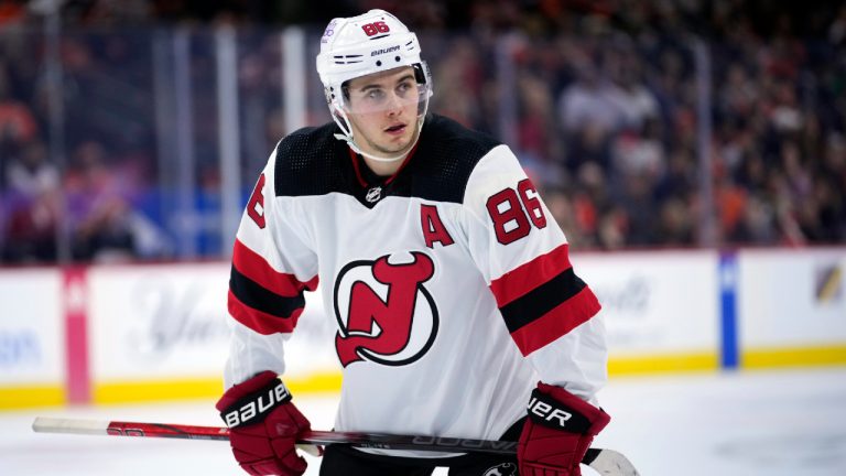 New Jersey Devils' Jack Hughes plays during an NHL hockey game, Thursday, Nov. 30, 2023, in Philadelphia. (AP/Matt Slocum)