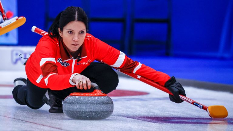 Team Canada skip Kerri Einarson makes a shot against Team Quebec at the Scotties Tournament of Hearts in Calgary, Friday, Feb. 16, 2024. (Jeff McIntosh/THE CANADIAN PRESS)