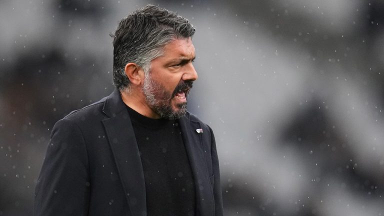 Marseille's head coach Gennaro Gattuso reacts during a warm up before the French League One soccer match between Marseille and Metz at the Stade Velodrome in Marseille, France, Friday, Feb. 9, 2024. (Daniel Cole/AP Photo)