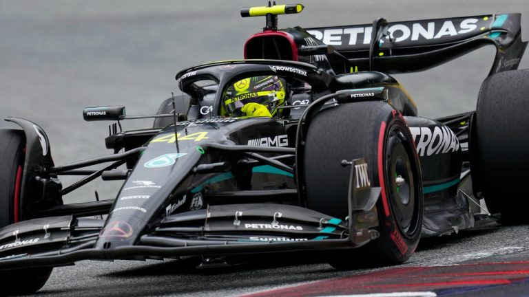 Mercedes driver Lewis Hamilton of Britain steers his car during the Austrian Formula One Grand Prix, at the Red Bull Ring racetrack, in Spielberg, Austria, Sunday, July 2, 2023. (Darko Bandic/AP)