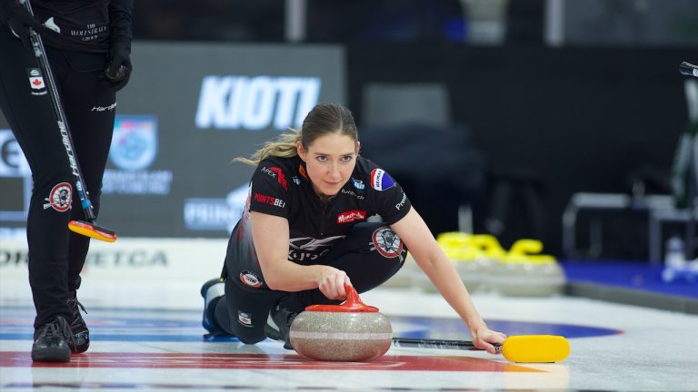 Team Einarson's Briane Harris shoots a stone during the Co-op Canadian Open on Friday, Jan. 19, 2024, in Red Deer, Alta. (Anil Mungal/GSOC)