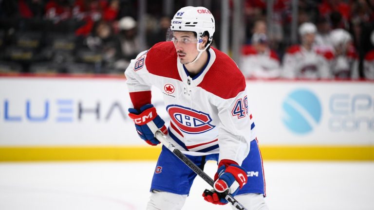 Montreal Canadiens left wing Rafael Harvey-Pinard (49) in action during the second period of an NHL hockey game against the Washington Capitals, Tuesday, Feb. 6, 2024, in Washington. (Nick Wass/AP)