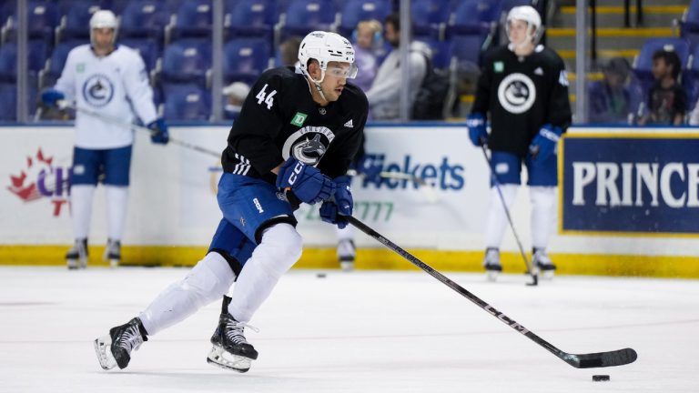 Vancouver Canucks' Jett Woo skates during the opening day of the NHL hockey team's training camp, in Victoria, Thursday, Sept. 21, 2023. (Darryl Dyck/CP)