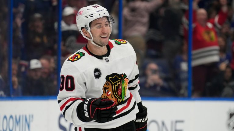 Chicago Blackhawks center Tyler Johnson (90) after scoring against the Tampa Bay Lightning during the first period of an NHL hockey game Thursday, Nov. 9, 2023, in Tampa, Fla. (Chris O'Meara/AP)