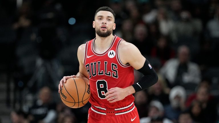 Chicago Bulls guard Zach LaVine (8) during the second half of an NBA basketball game against the San Antonio Spurs in San Antonio, Saturday, Jan. 13, 2024. (Eric Gay/AP)