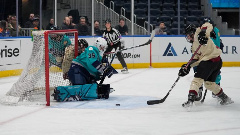 Montreal forward Maureen Murphy, right, shoots against New York goaltender Abbey Levy (39) during the third period of a PWHL hockey game on Wednesday, Feb. 21, 2024, in Elmont, N.Y. (Peter K. Afriyie/AP)