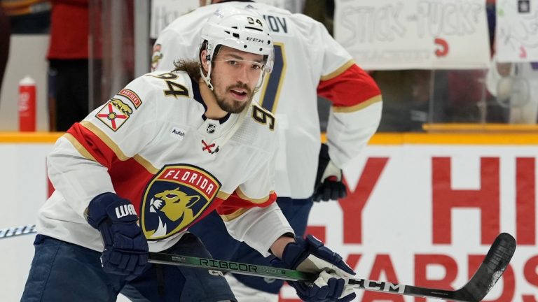 Florida Panthers left wing Ryan Lomberg (94) warms up before the team's NHL hockey game against the Nashville Predators, Monday, Jan. 22, 2024, in Nashville, Tenn. (George Walker IV/AP Photo)