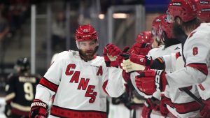 Carolina Hurricanes left wing Jordan Martinook (48) is congratulated for a goal against the Arizona Coyotes during the first period of an NHL hockey game Friday, Feb. 16, 2024, in Tempe, Ariz. (Rick Scuteri/AP)