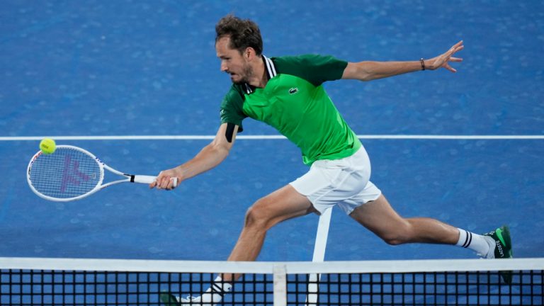 Daniil Medvedev returns the ball to Alejandro Fokina of Spain during a quarter final match of the Dubai Duty Free Tennis Championships in Dubai, United Arab Emirates, Thursday, Feb. 29, 2024. (Kamran Jebreili/AP)