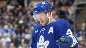 Toronto Maple Leafs defenceman Morgan Rielly reacts after a Tampa Bay Lightning goal during first period NHL hockey action in Toronto on Monday November 6, 2023. (Chris Young/CP)