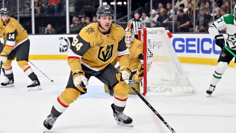 Vegas Golden Knights defenceman Brayden Pachal skates against the Dallas Stars during the first period of an NHL hockey game Tuesday, Oct. 17, 2023, in Las Vegas. (David Becker/AP Photo)