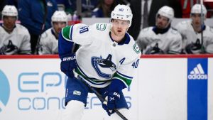 Vancouver Canucks forward Elias Pettersson (40) in action during the second period of an NHL hockey game against the Washington Capitals, Sunday, Feb. 11, 2024, in Washington. (Nick Wass/AP)