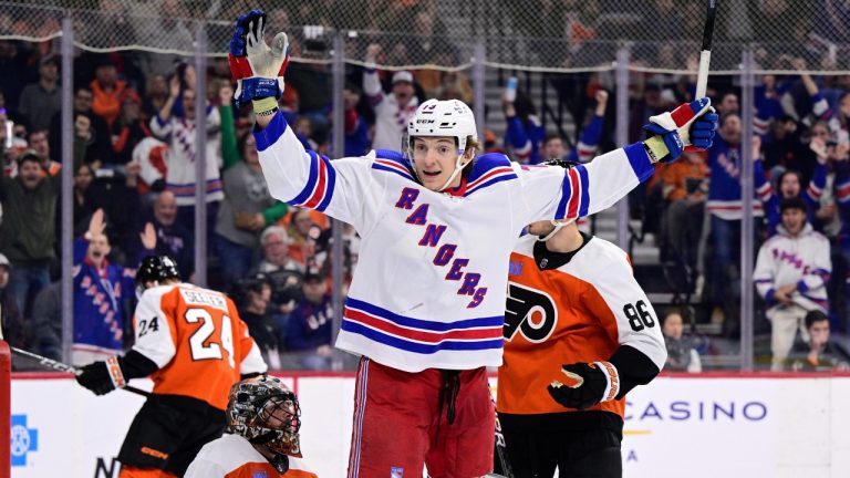 New York Rangers' Matt Rempe (73) celebrates after scoring past Philadelphia Flyers goaltender Samuel Ersson (33) during the third period of an NHL hockey game, Saturday, Feb. 24, 2024, in Philadelphia. (Derik Hamilton/AP)