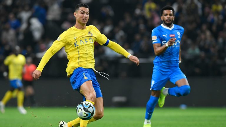 Al Nassr's Cristiano Ronaldo kicks the ball during Riyadh Season Cup 2024 final match against Al Hilal at Kingdom Arena Stadium in Riyadh, Saudi Arabia, Thursday, Feb. 8, 2024. (AP)