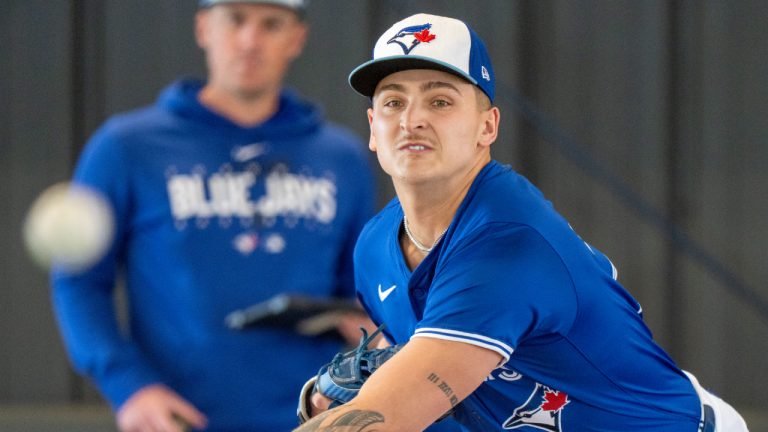 Toronto Blue Jays Ricky Tiedemann throws at Spring Training action in Dunedin, Fla. on Wednesday February 21, 2024. (Frank Gunn/CP)