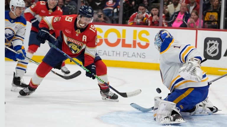 Buffalo Sabres goaltender Ukko-Pekka Luukkonen (1) defends the goal against Florida Panthers left wing Matthew Tkachuk (19) during the second period of an NHL hockey game Tuesday, Feb. 27, 2024, in Sunrise, Fla. (Lynne Sladky/AP Photo)