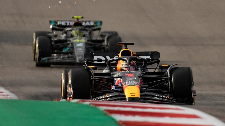 Red Bull driver Max Verstappen, of the Netherlands, front, leads Mercedes driver Lewis Hamilton, of Britain, through a turn during in the sprint ahead of the Formula One U.S. Grand Prix auto race at Circuit of the Americas, Saturday, Oct. 21, 2023, in Austin, Texas. (Eric Gay/AP)