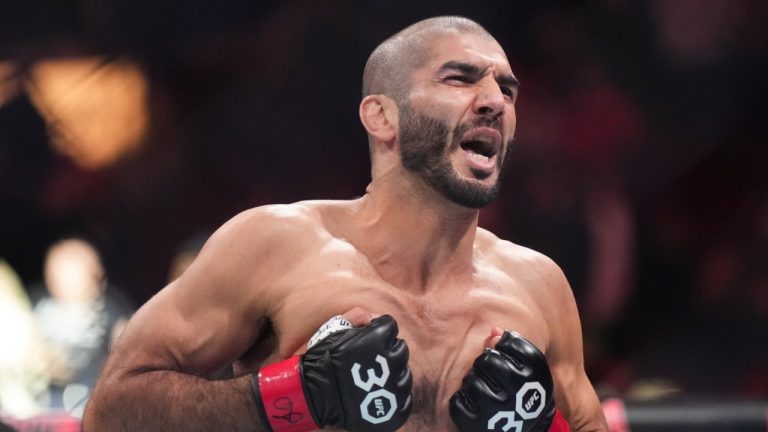 Aiemann Zahabi celebrates after knocking out Aoriqileng during a UFC 289 bantamweight bout, in Vancouver, on Saturday, June 10, 2023. (Darryl Dyck/CP)