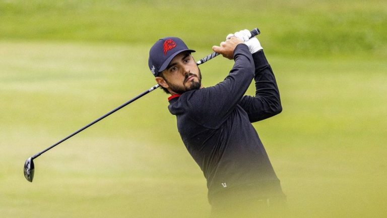 Abraham Ancer hits a shot on the third hole during the final round of LIV Golf Hong Kong at the Hong Kong Golf Club in Hong Kong Sunday, March 10, 2024. (Chris Trotman/LIV Golf via AP)