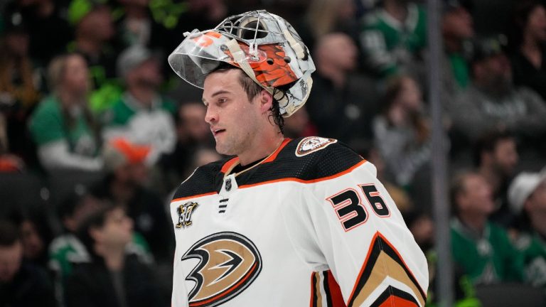 Anaheim Ducks' John Gibson skates to the net during an NHL hockey game earlier in 2024. (Tony Gutierrez/AP)