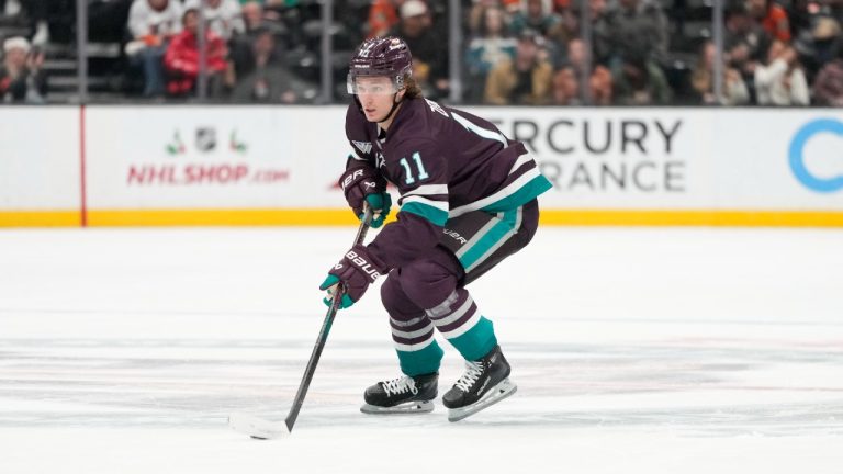 Anaheim Ducks center Trevor Zegras moves the puck during the first period of an NHL hockey game against the Seattle Kraken Saturday, Dec. 23, 2023, in Anaheim, Calif. (Jae C. Hong/AP)