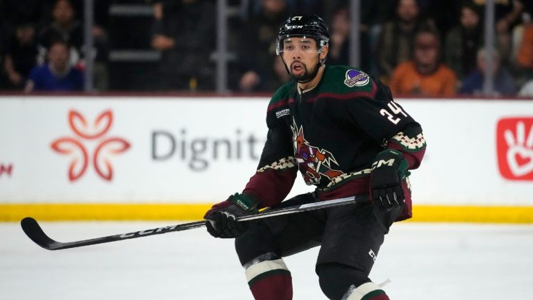 Arizona Coyotes defenseman Matt Dumba watches the movement of the puck during the first period of an NHL hockey game against the Buffalo Sabres Saturday, Dec. 16, 2023, in Tempe, Ariz. The Coyotes won 2-0. (Ross D. Franklin/AP)