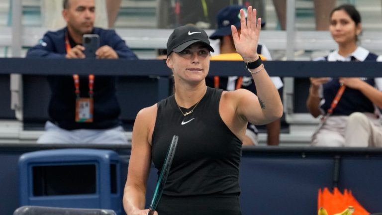 Aryna Sabalenka waves after defeating Paula Badosa at the Miami Open tennis tournament. (Lynne Sladky/AP)