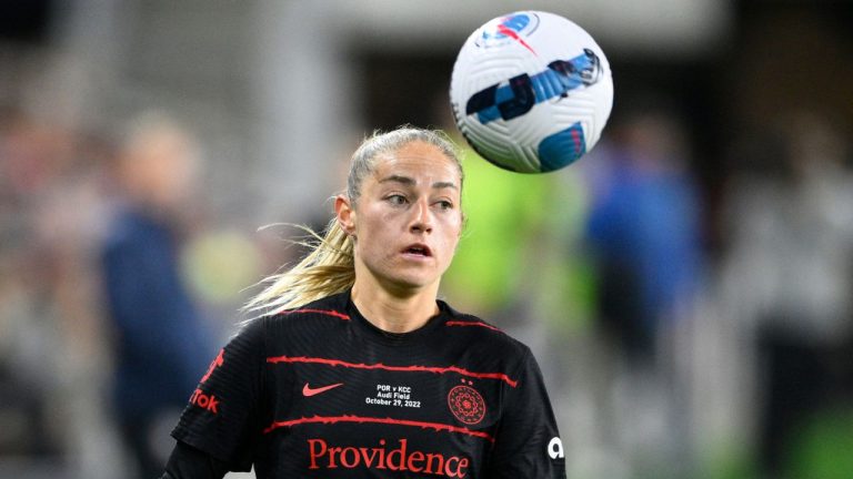 Portland Thorns FC forward Janine Beckie in action during the second half of the NWSL championship soccer match against the Kansas City Current, Saturday, Oct. 29, 2022, in Washington. (Nick Wass/AP Photo)