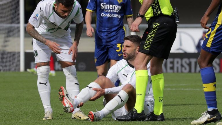 Italy forward Domenico Berardi exited Sassuolo’s match with an apparent right ankle injury. (Paola Garbuio/LaPresse via AP)