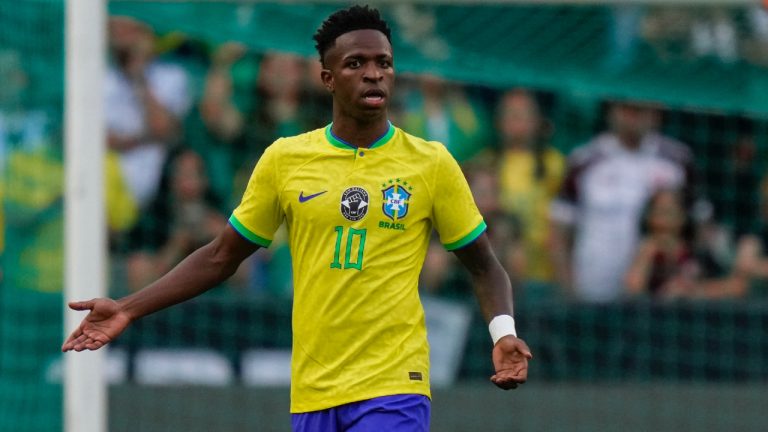 Brazil's Vinicius Junior reacts during the international friendly soccer match between Brazil and Senegal, at the Alvalade Stadium in Lisbon, Portugal, Tuesday, June 20, 2023. (Armando Franca/AP)