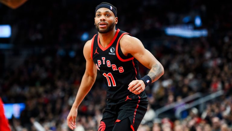 Toronto Raptors forward Bruce Brown (11) looks on during second half NBA basketball action against the Chicago Bulls, in Toronto on Thursday, January 18, 2024. THE CANADIAN PRESS/Christopher Katsarov