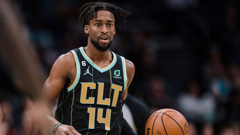 Charlotte Hornets guard Kobi Simmons brings the ball upcourt against the Houston Rockets during the first half of an NBA basketball game in Charlotte, N.C., Friday, April 7, 2023. (Jacob Kupferman/AP) 