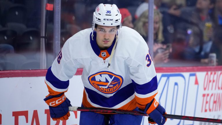 New York Islanders' Arnaud Durandeau plays during a preseason NHL hockey game, Thursday, Oct. 5, 2023, in Philadelphia. (Matt Slocum/AP) 