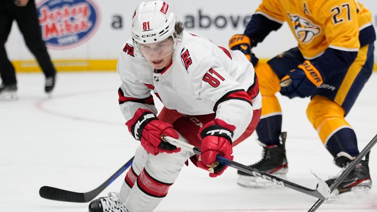 Jamieson Rees (81) plays against the Nashville Predators during the third period of a pre-season NHL hockey game Thursday, Oct. 5, 2023, in Nashville, Tenn. (George Walker IV/AP) 