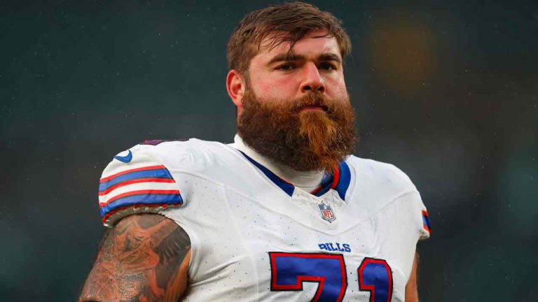 Buffalo Bills guard Ryan Bates (71) warms up before an NFL football game against the Philadelphia Eagles, Sunday, Nov. 26, 2023, in Philadelphia. (Rich Schultz/AP)