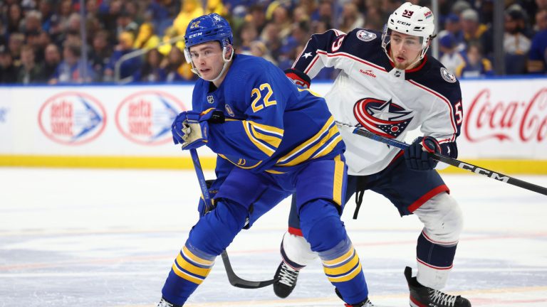 Buffalo Sabres forward Jack Quinn (22) skates during the second period of an NHL hockey game against the Columbus Blue Jackets Saturday, Dec. 30, 2023, in Buffalo, N.Y. (Jeffrey T. Barnes/AP) 