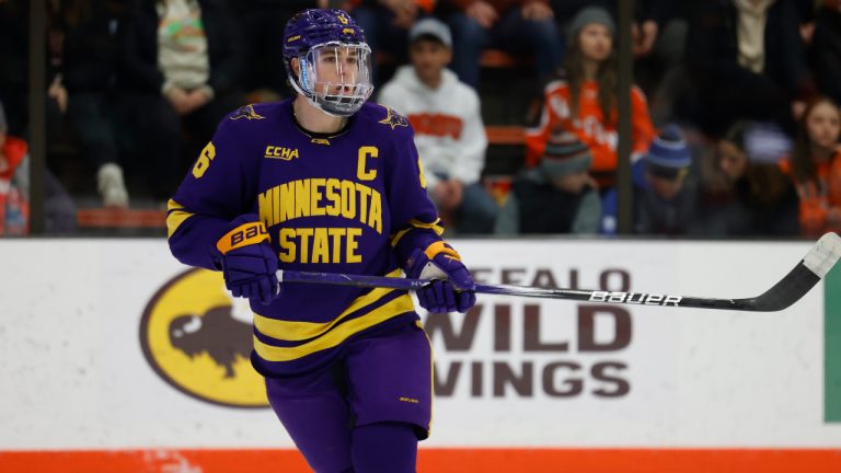 Minnesota St. forward Sam Morton (6) skates against the Bowling Green during an NCAA hockey game on Friday, Jan. 19, 2024, in Bowling Green, Ohio. (Rick Osentoski/AP) 