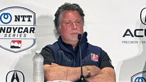 Michael Andretti attends a news conference for the IndyCar Grand Prix of Long Beach auto race, Saturday, April 15, 2023 in Long Beach, Calif.  (Jenna Fryer/AP) 