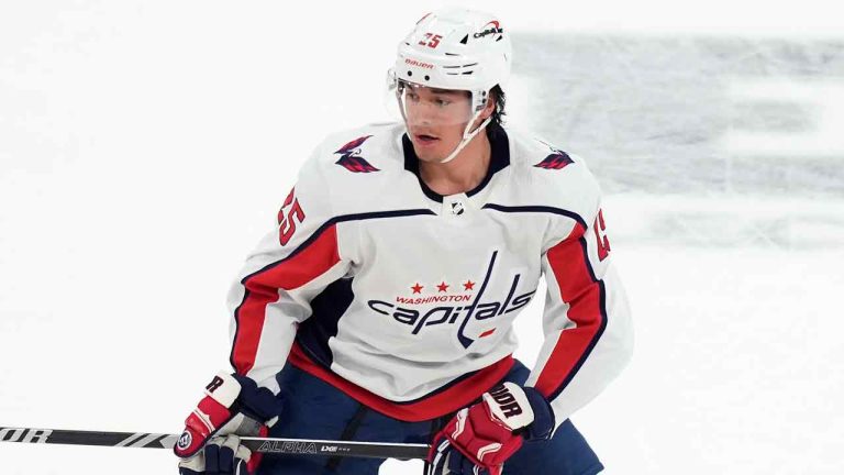 Washington Capitals' Ethan Bear plays against the Boston Bruins during the first period of an NHL hockey game, Saturday, Feb. 10, 2024, in Boston. (Michael Dwyer/AP)