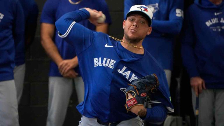 Toronto Blue Jays pitcher Yariel Rodriguez throws during a baseball spring training workout Sunday, Feb. 18, 2024, in Dunedin, Fla. (Charlie Neibergall/AP)