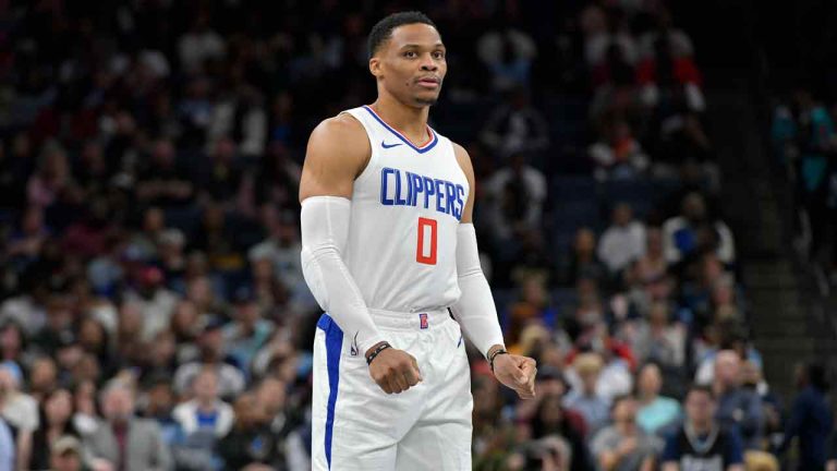 Los Angeles Clippers guard Russell Westbrook (0) plays in the second half of an NBA basketball game against the Memphis Grizzlies Friday, Feb. 23, 2024, in Memphis, Tenn. (Brandon Dill/AP)