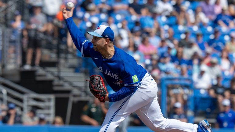 Toronto Blue Jays starting pitcher Paolo Espino pitches during first inning spring training action against the Tampa Bay Rays in Dunedin, Fla., on Wednesday Feb. 28, 2024. (CP)