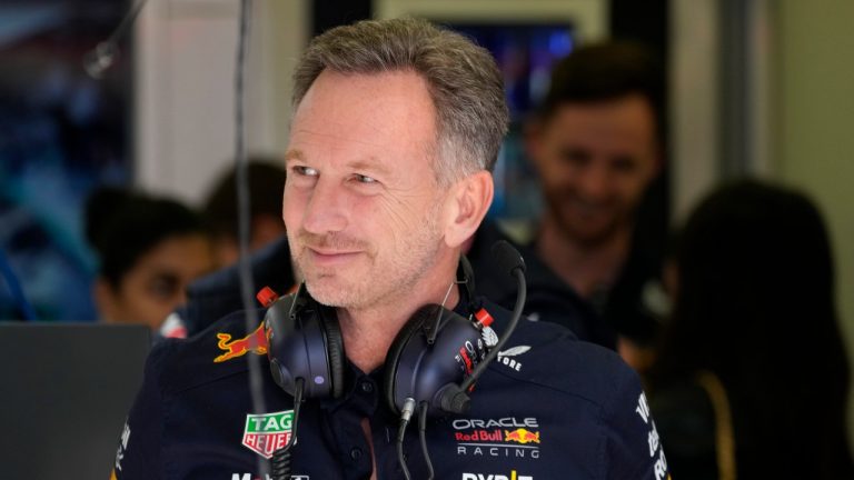 Red Bull team principal Christian Horner stands in his team garage during the third practice session ahead of the Formula One Bahrain Grand Prix at the Bahrain International Circuit in Sakhir, Bahrain, Friday, March 1, 2024. (AP)